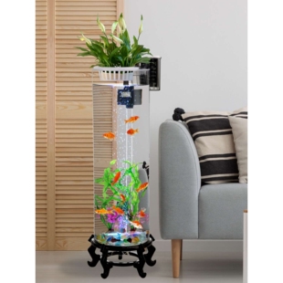 新款客厅落地圆柱形过滤充氧玻璃鱼缸养鱼水培一体带灯光充氧底座