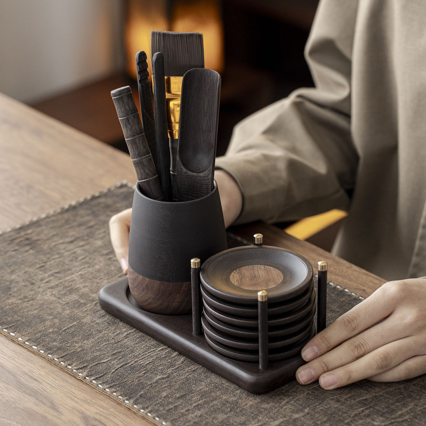 中式胡桃木电木茶道六君子套装高档轻奢家用办公茶夹茶刷杯垫配件