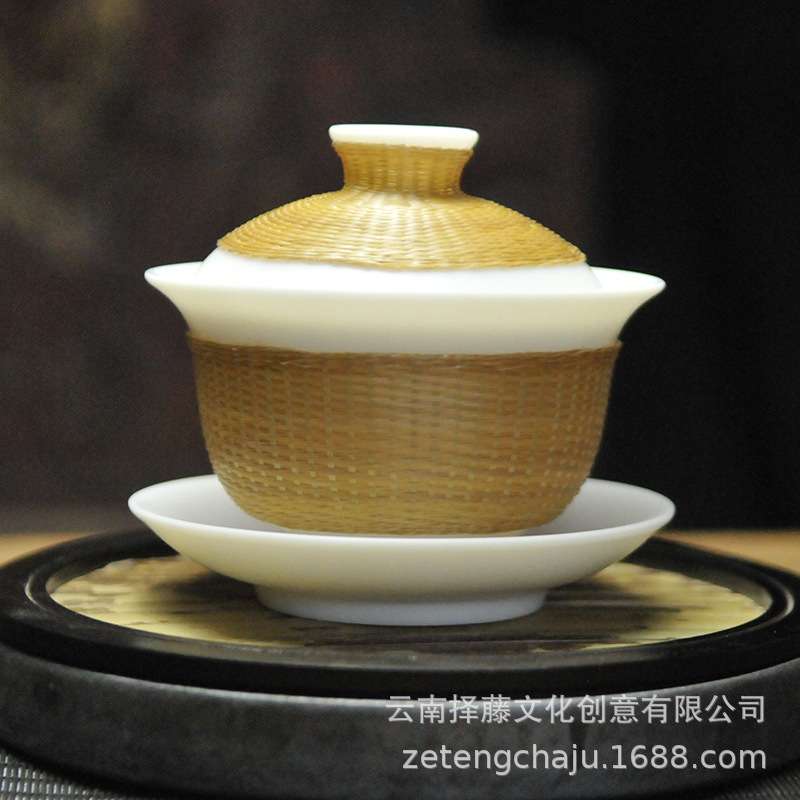 非遗竹丝扣瓷德化羊脂白玉瓷盖碗家用办公室主人杯品茗杯茶具套装