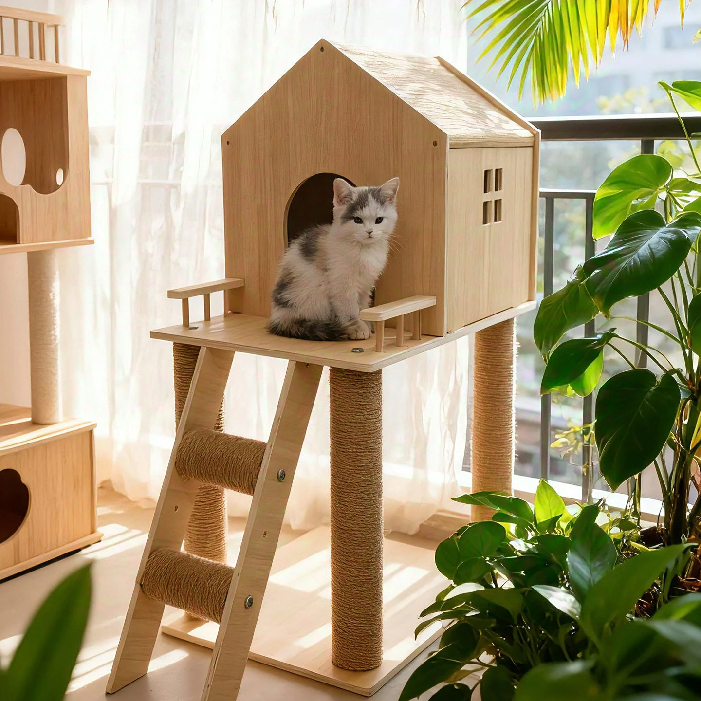 实木猫屋猫窝猫爬架一体躲避屋猫抓板房子猫别墅不占地猫咪树屋