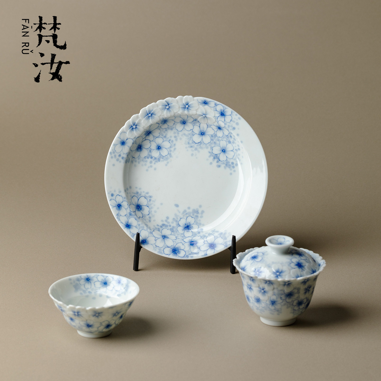 青堂造物 手工雕刻樱花功夫茶具青花手绘盖碗茶杯高端陶瓷干泡盘