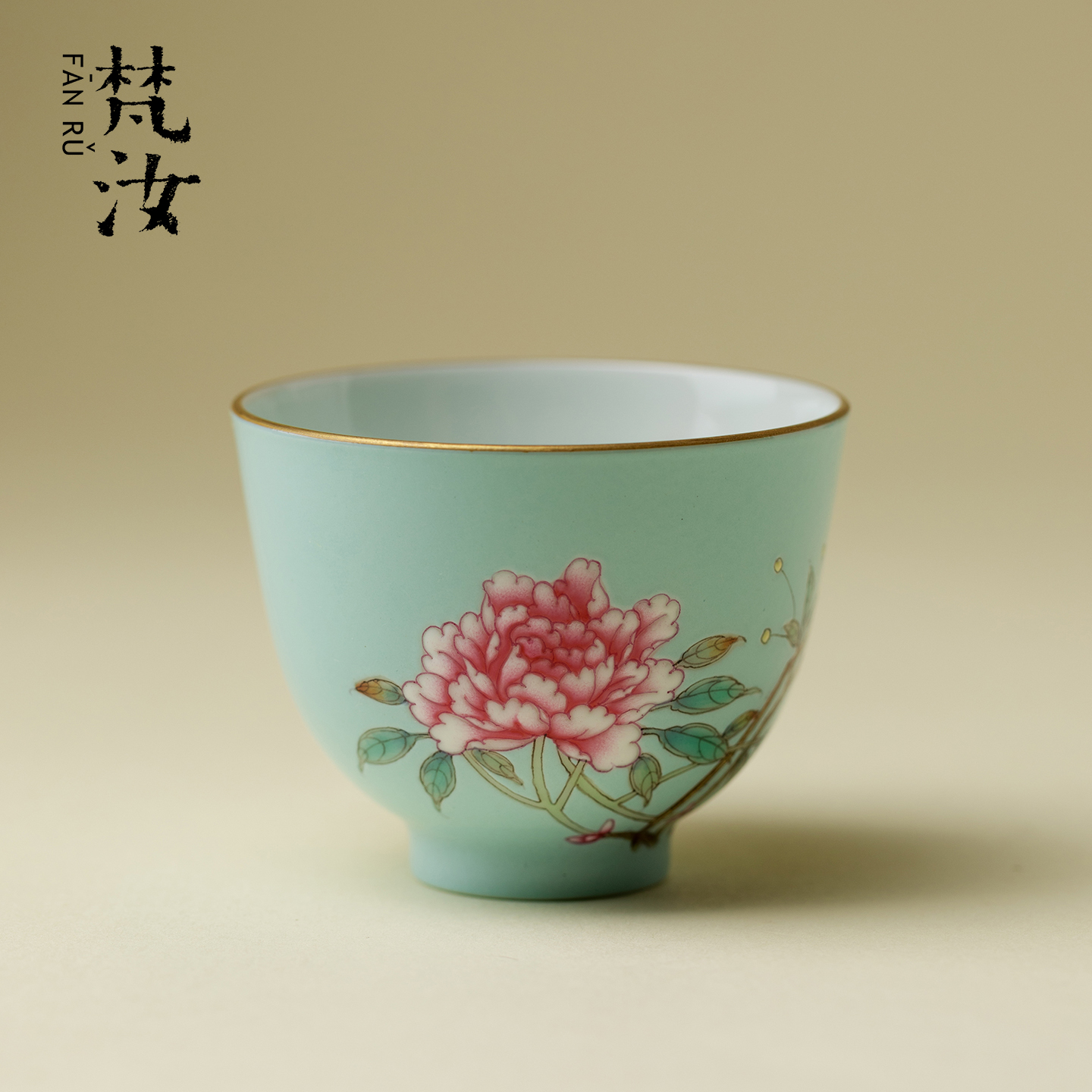 雅同集松石绿地粉彩手绘牡丹鸡心杯景德镇精工陶瓷茶杯主人杯茶具