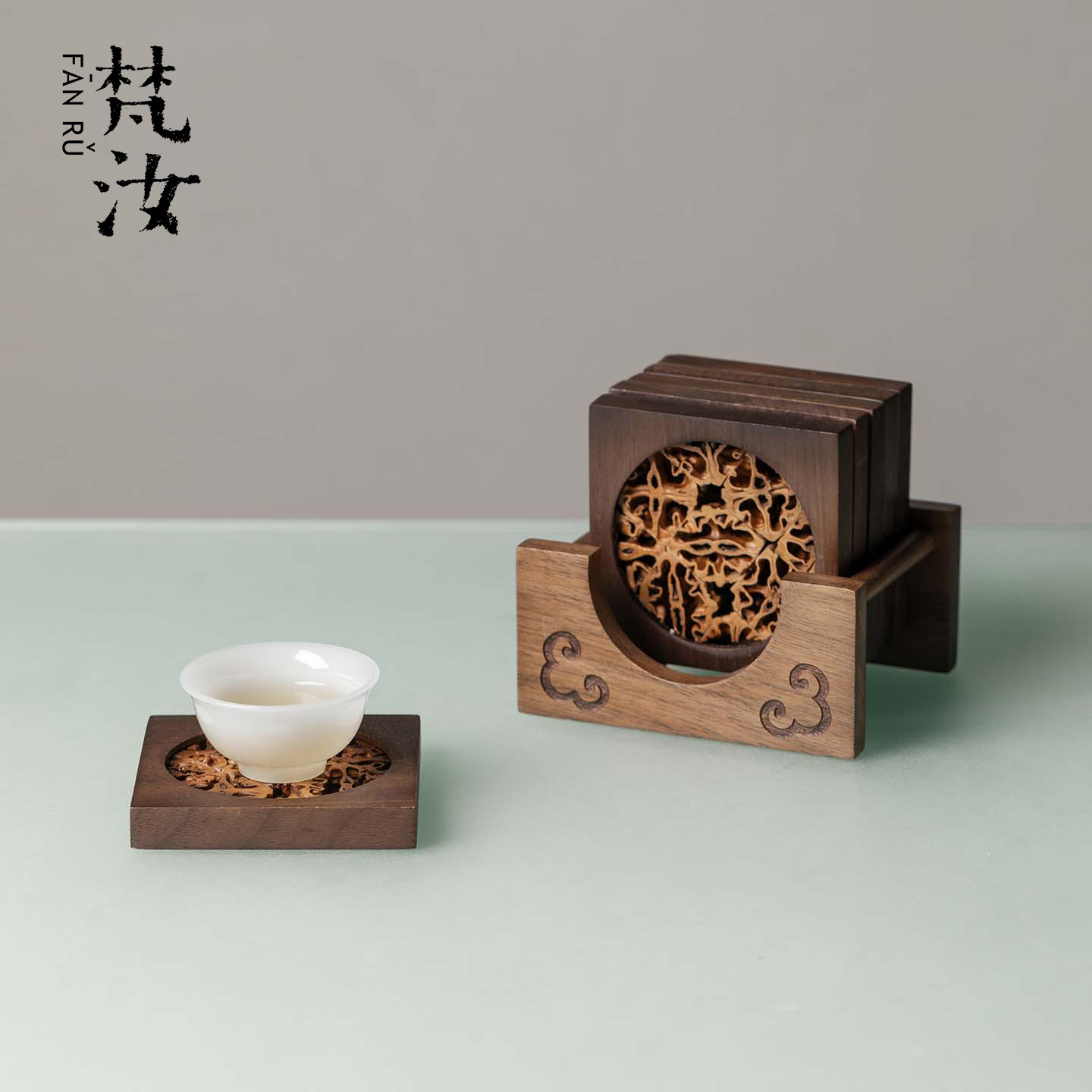 梵汝天然胡桃木茶杯垫实木隔热垫茶托底托云韵正方形茶承茶具配件