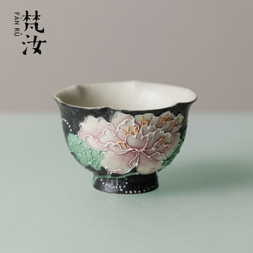 梵汝 夜绽丹华高足花口茶杯陶瓷手绘景德镇主人杯功夫茶女士单杯