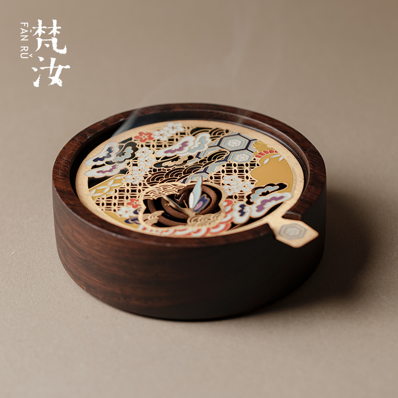 梵汝黑檀木檀香盘香炉珐琅彩香薰炉家用室内功夫茶道沉香香炉摆件