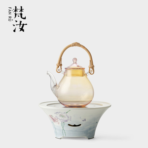 梵汝手绘虞美人电陶炉高级感耐热玻璃煮茶炉竹节手柄中式茶具套装