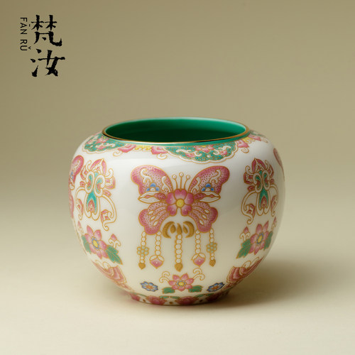 梵汝粉彩蝶栖花畔手工建水茶渣缸