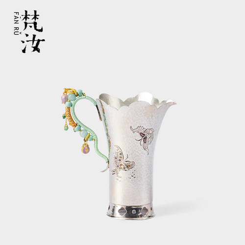 梵汝 纯银公道杯带把手999足银錾刻蝴蝶带编织茶海功夫茶具分茶器