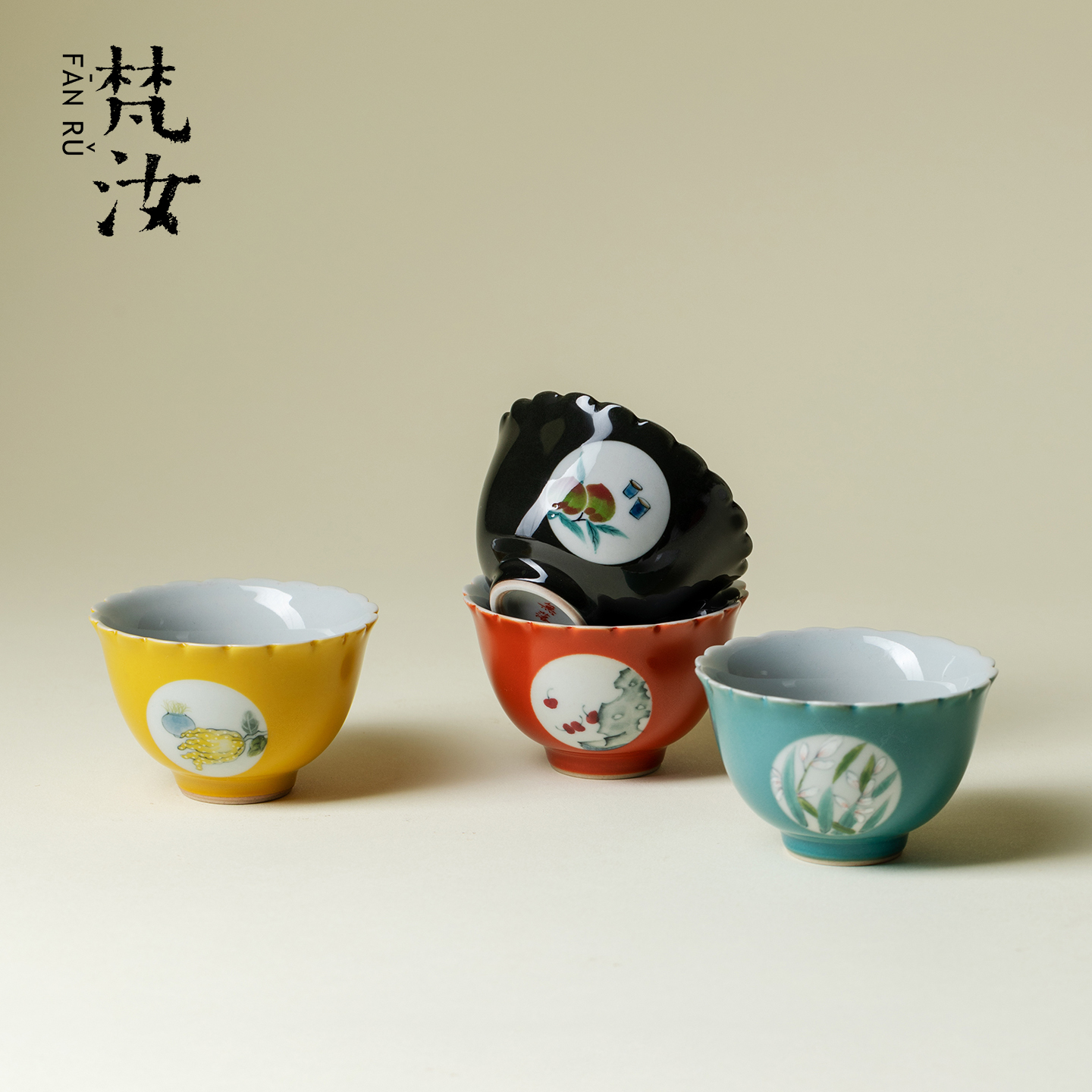 梵汝 景德镇创意开窗手绘花口茶杯主人杯手工粉彩品茗杯陶瓷单杯