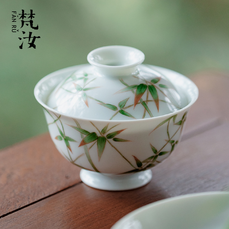 梵汝景德镇釉下粉彩手绘竹子二才盖碗泡茶碗功夫茶具不烫手陶瓷碗