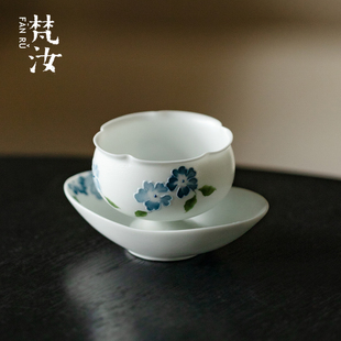 梵汝手绘喵趣花语高足花口杯创意精致釉下粉彩喝茶杯主人杯品茗杯