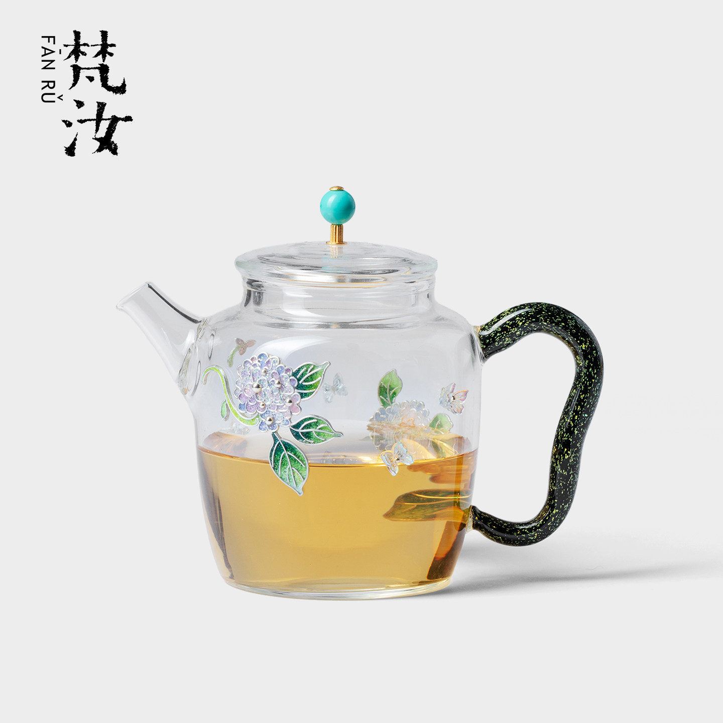 梵汝非遗大漆玻璃茶壶高档掐丝珐琅彩绣球花手执壶景泰蓝手绘茶器
