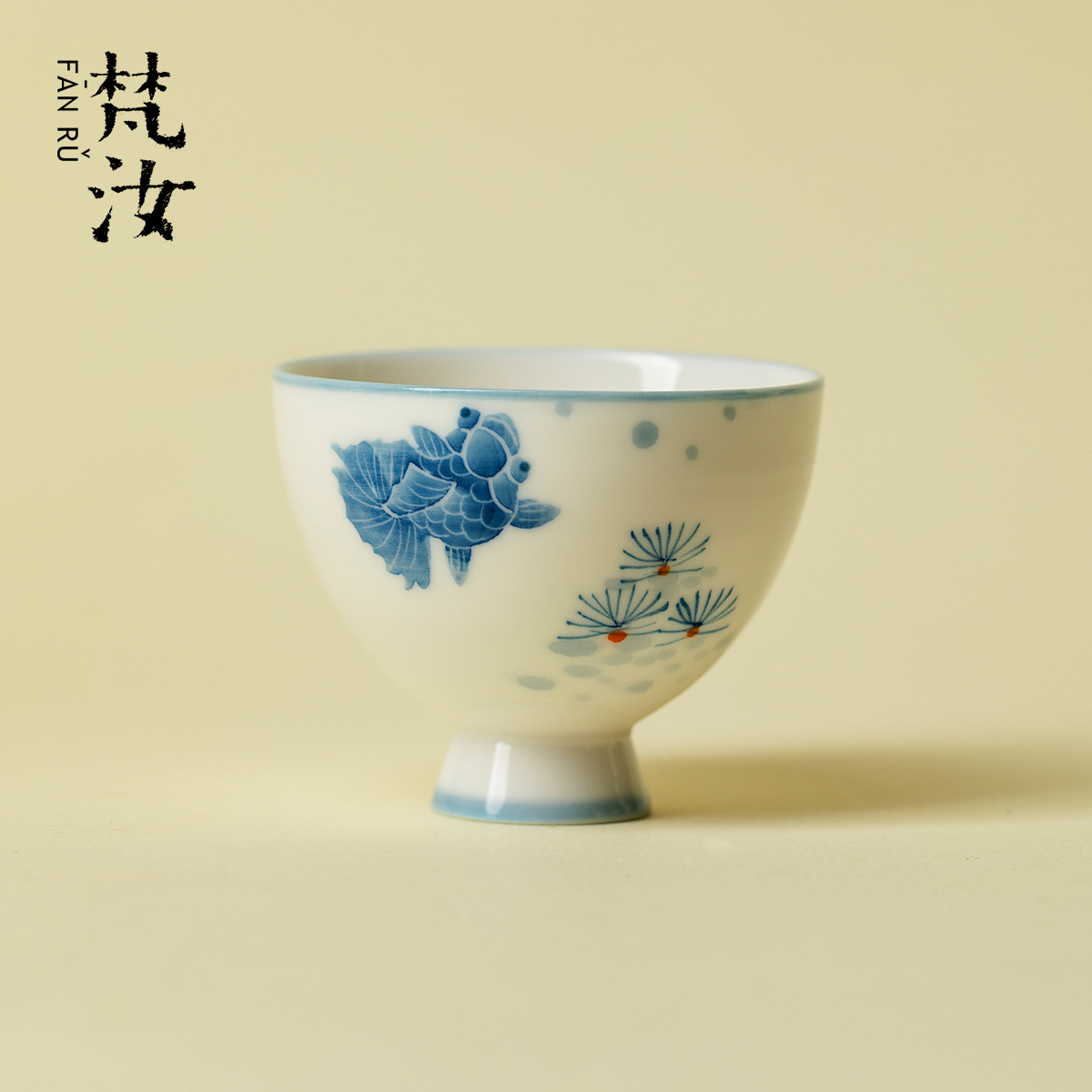 梵汝青花手绘胖头鱼高足茶杯高端陶瓷小清新品茗杯创意品茗杯单杯