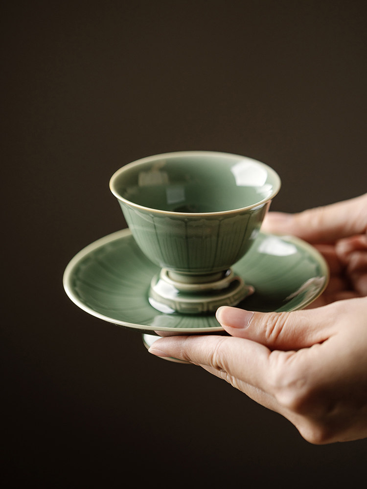 梵汝越窑青瓷主人杯套杯功夫茶小杯带底托家用陶瓷茶盏喝茶品茗杯
