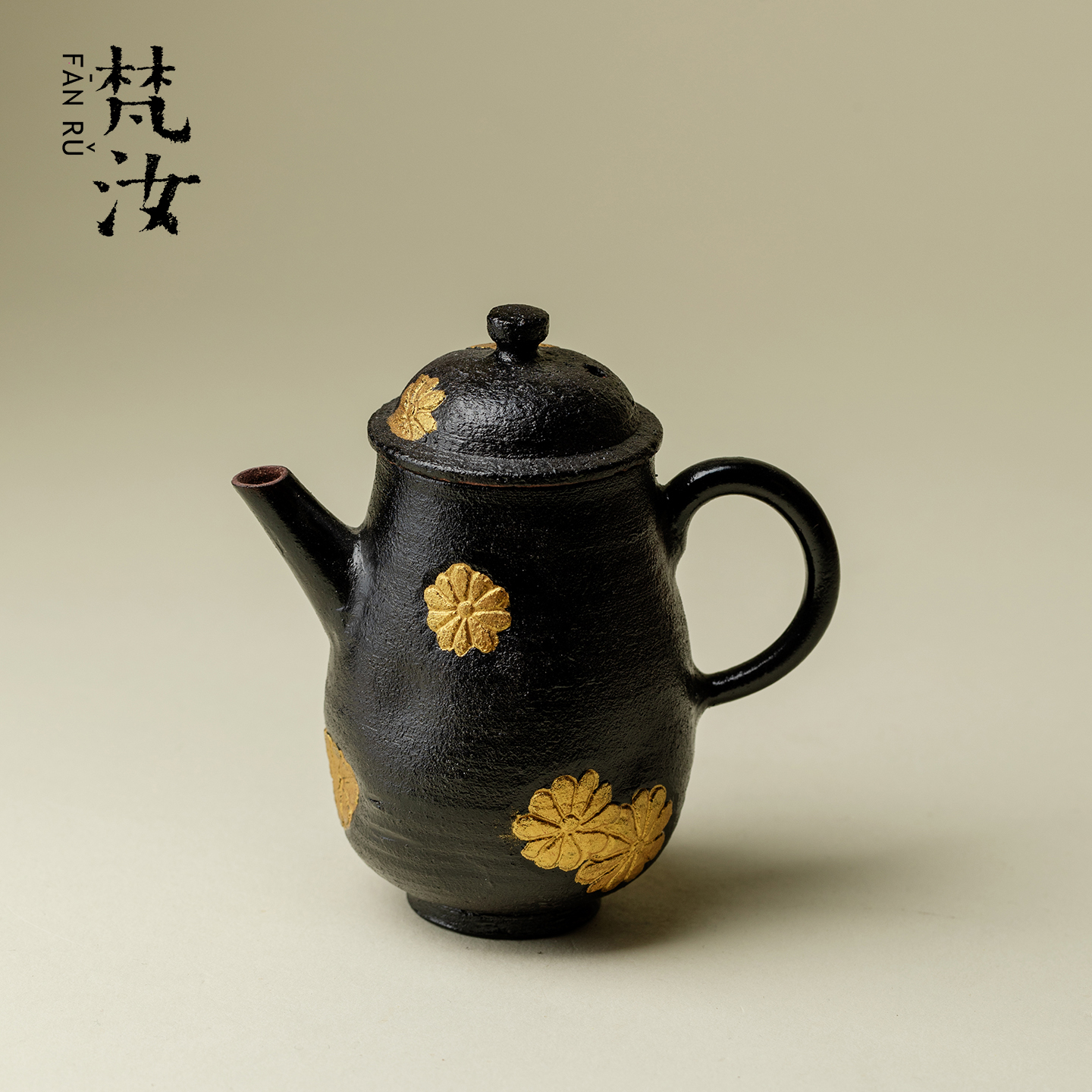 梵汝 手工雕刻漆绘黑地团花茶壶高档粗陶金莳绘泡茶壶复古手执壶