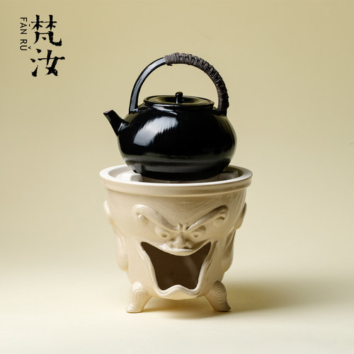 梵汝 诧寂黑粗陶藤编提梁烧水壶陶艺煮茶壶手工复古诧寂风碳火炉
