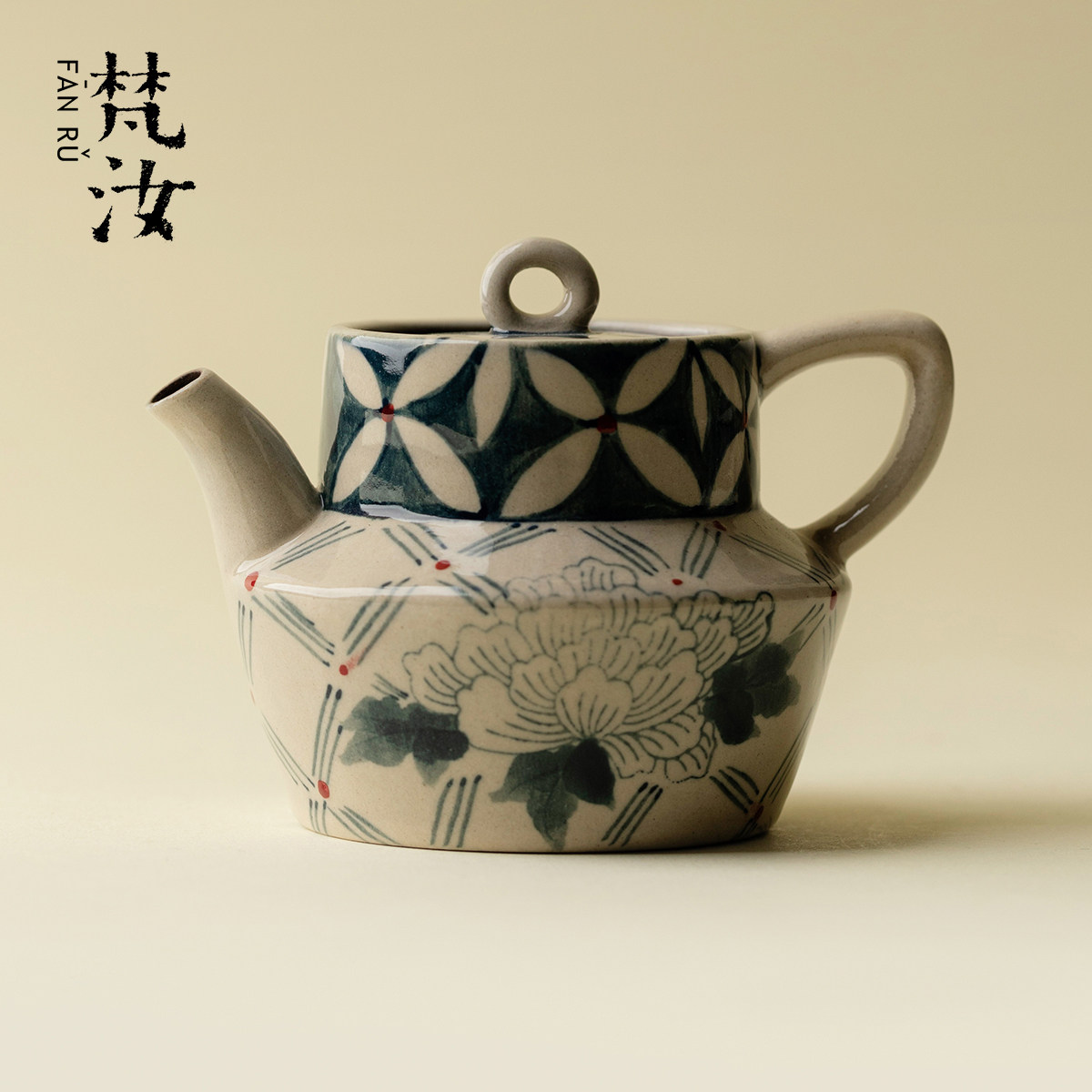 梵汝 青花手绘牡丹花茶壶复古粗陶粉彩泡茶壶新中式功夫茶具单壶