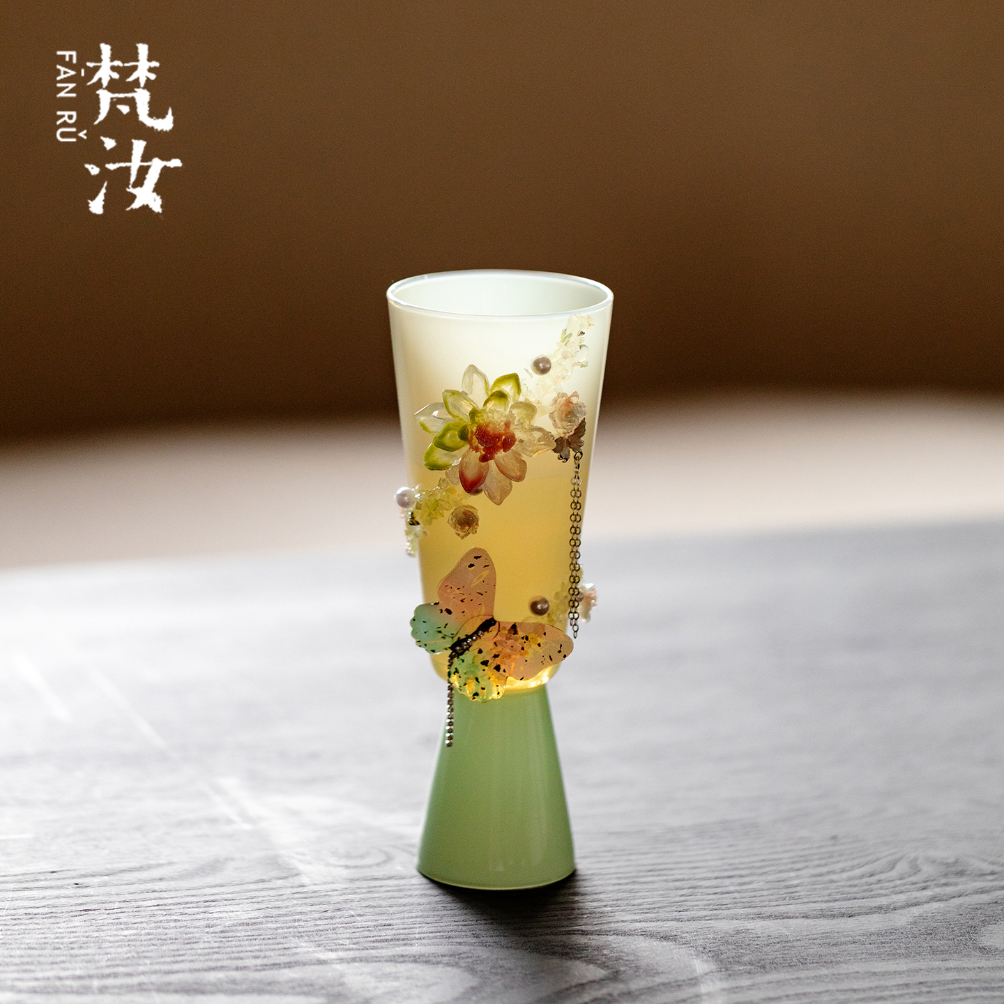 梵汝冰玉蝶恋花高脚茶杯原创手工玻璃品茗杯中式精工功夫茶具单杯