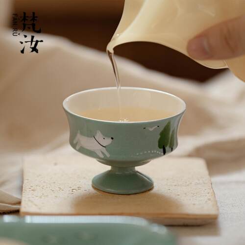 梵汝 日式手绘原创小狗主人杯高级感粉彩暖屋茶杯功夫茶具品茗杯