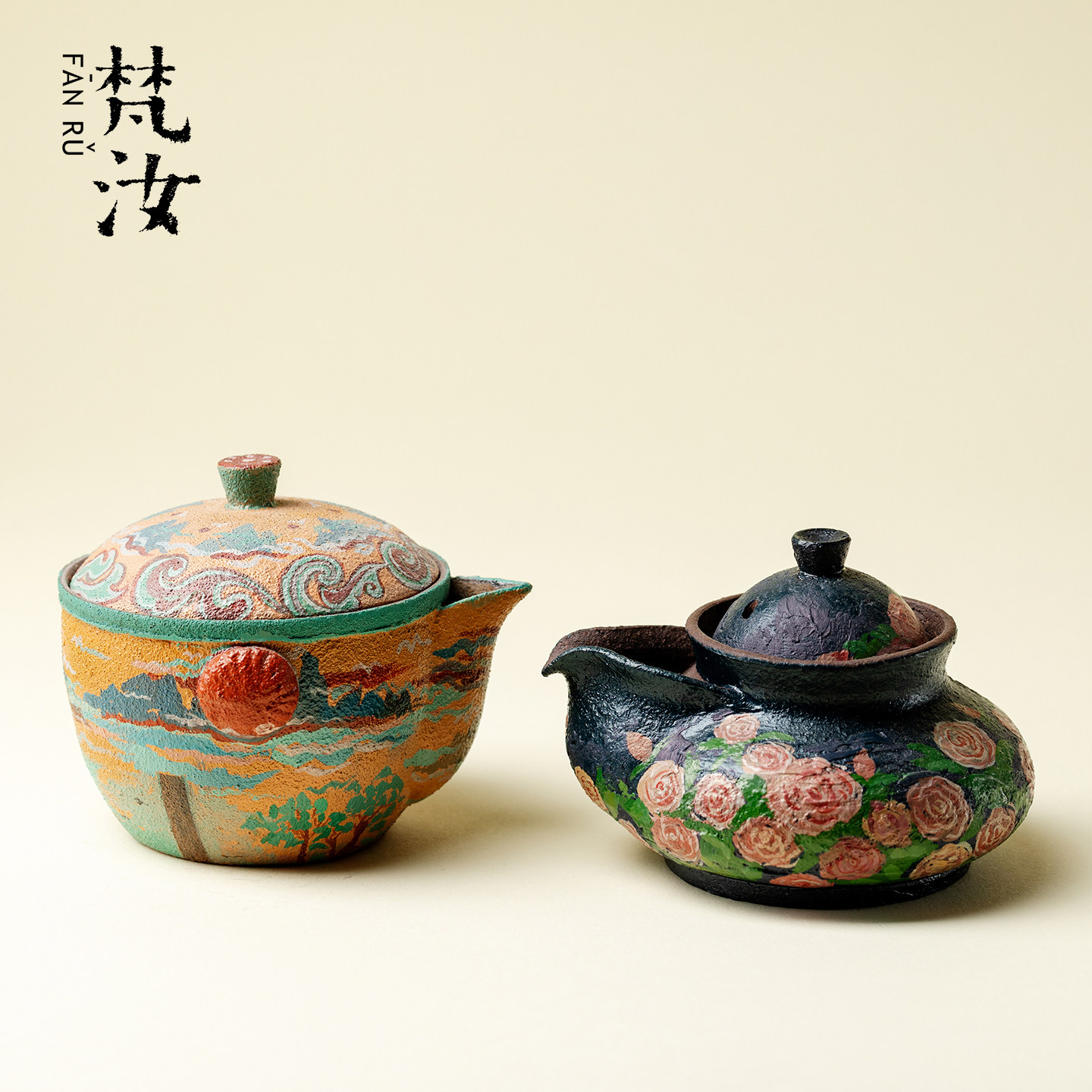 山几由 大漆莳绘宝瓶壶景德镇小众陶瓷茶壶创意手绘玫瑰花手抓壶