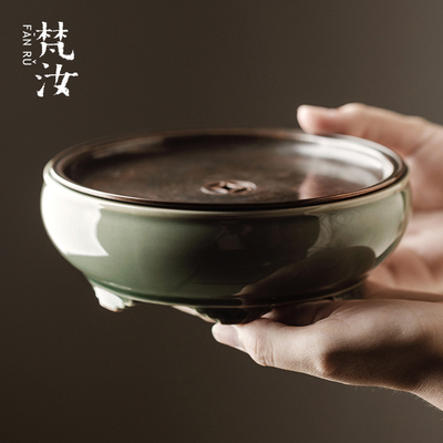 梵汝越窑青瓷六鼎壶承禅意蓄水分离式干泡茶承带锌合金盖茶托壶托