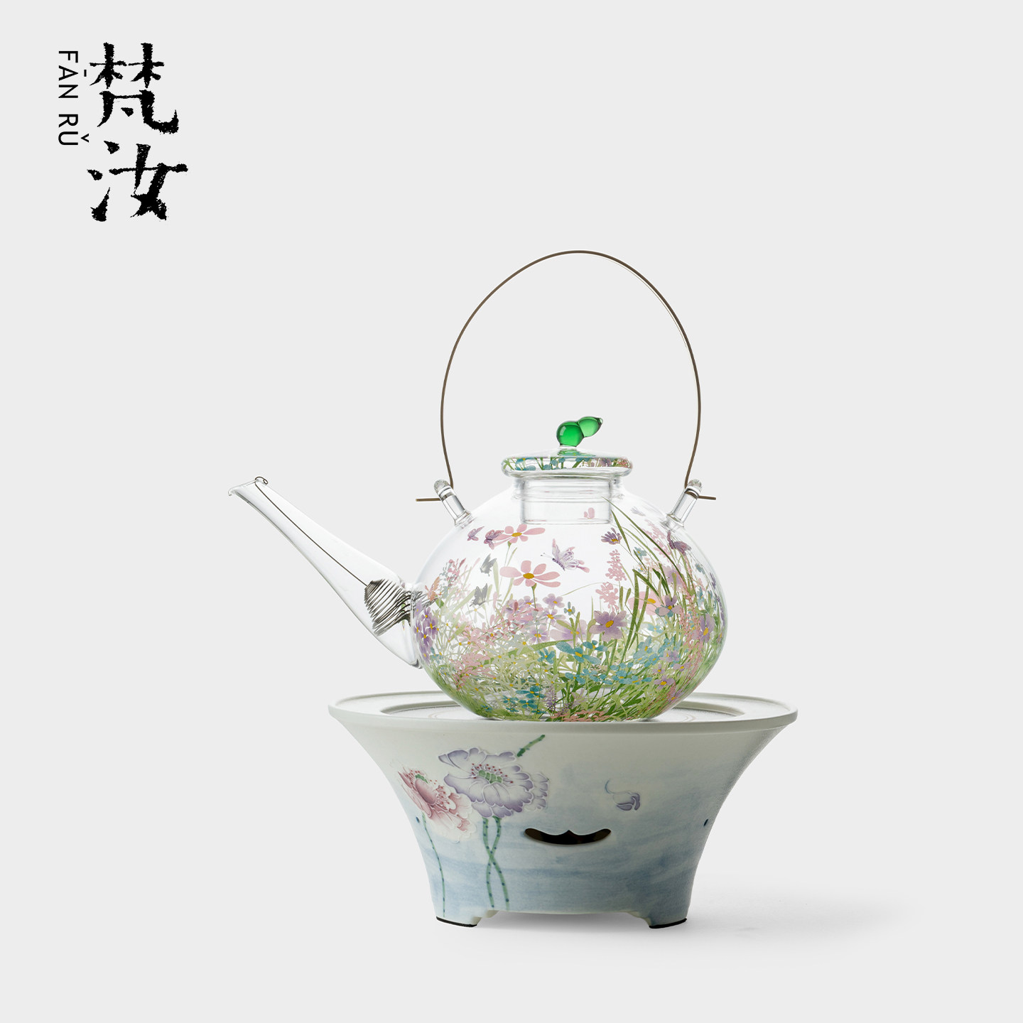 梵汝精致玻璃漫花煮茶炉浅予铜提梁壶家用小清新透明茶具煮茶套装
