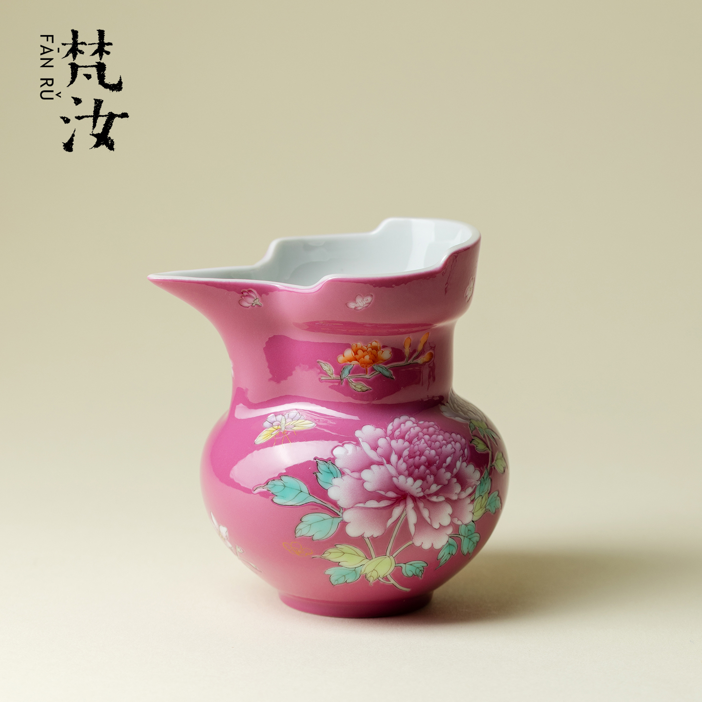 雅同集景德镇粉地粉彩手绘牡丹花公道杯茶海分茶器景德镇创意陶瓷