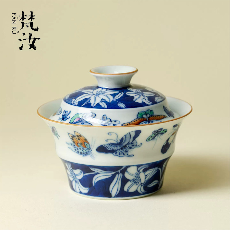 卓君景德镇手绘青花斗彩盖碗