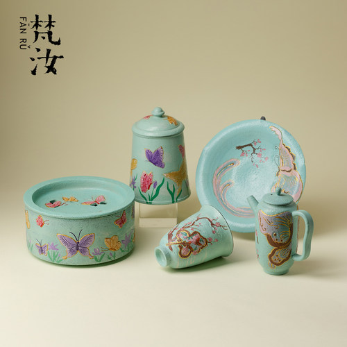 山几由 大漆手绘薄荷绿蝴蝶功夫茶具景德镇创意手工雕刻壶承茶壶