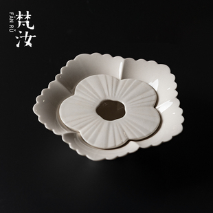 陶瓷干泡盘功夫茶具简约小茶台 梵汝复古草木灰釉花边蓄水壶承日式
