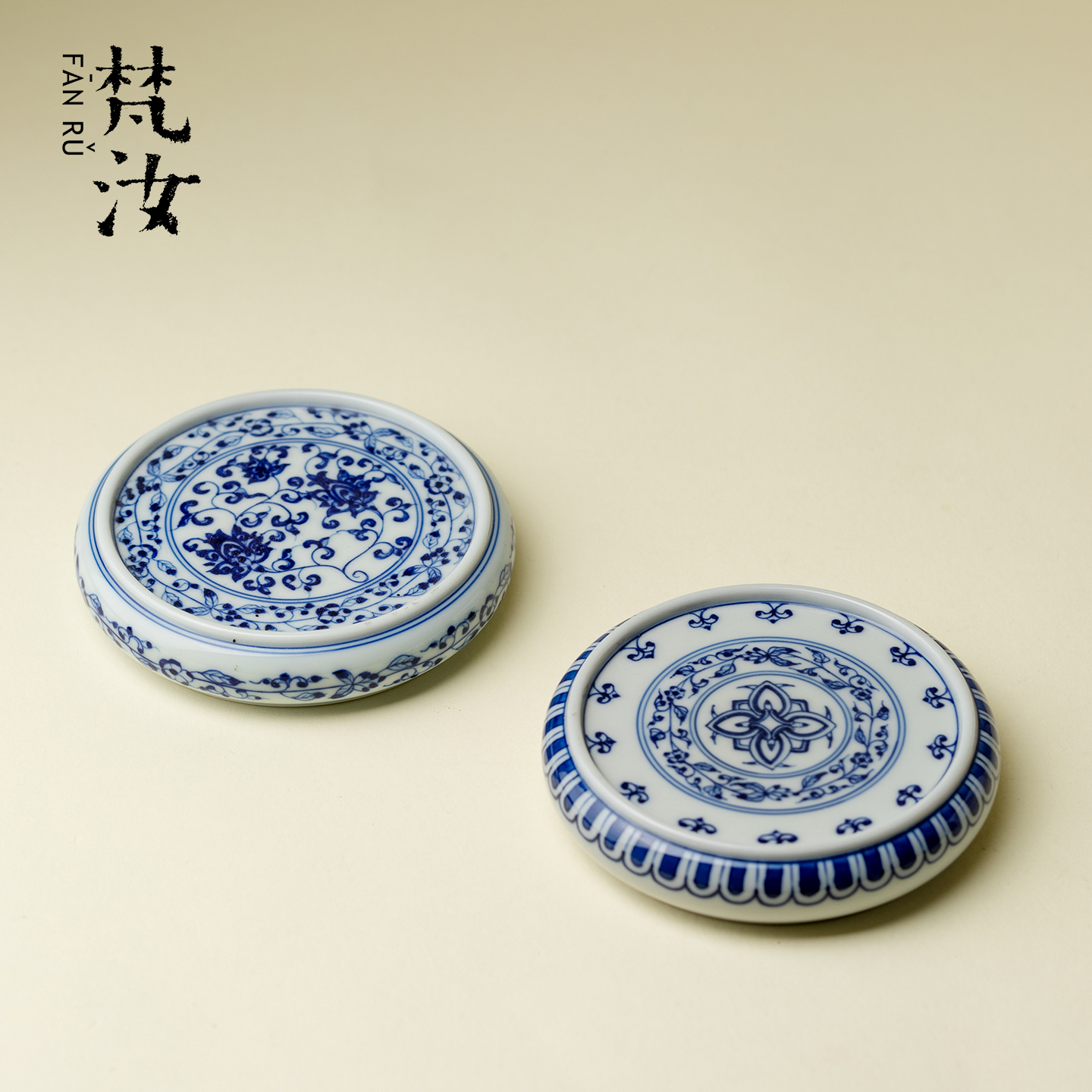 雅同集仿古青花手绘缠枝莲茶盖置杯垫景德镇杯托茶壶盖拖茶道配件