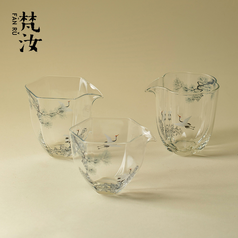 梵汝 高档墨彩松鹤玻璃公道杯高硼硅耐热透明分茶器功夫茶具茶海