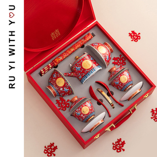 如伊结婚碗筷喜碗套装珐琅彩新婚夫妻碗一对改口敬茶杯婚庆陪嫁品