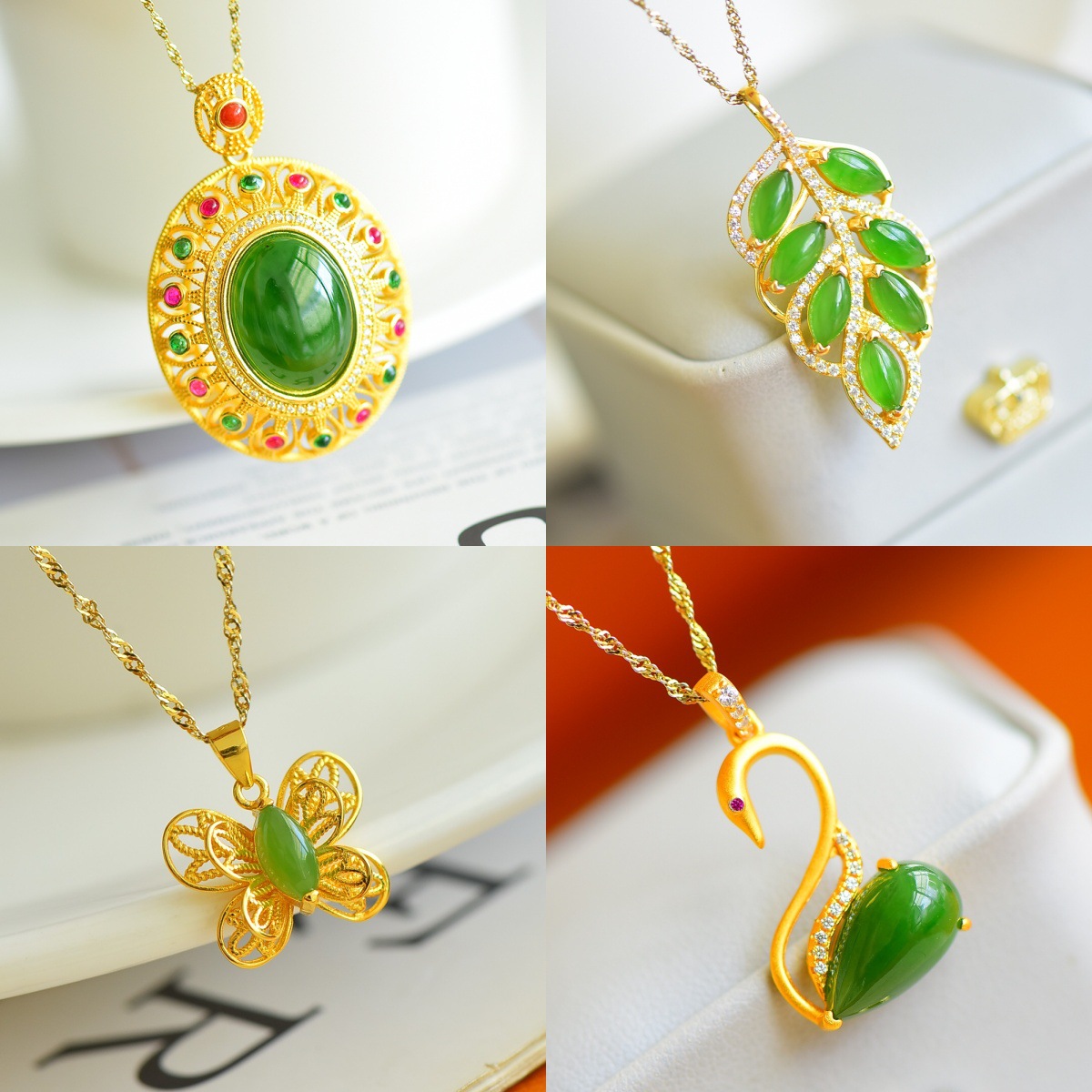 新疆和田玉银镶碧玉吊坠