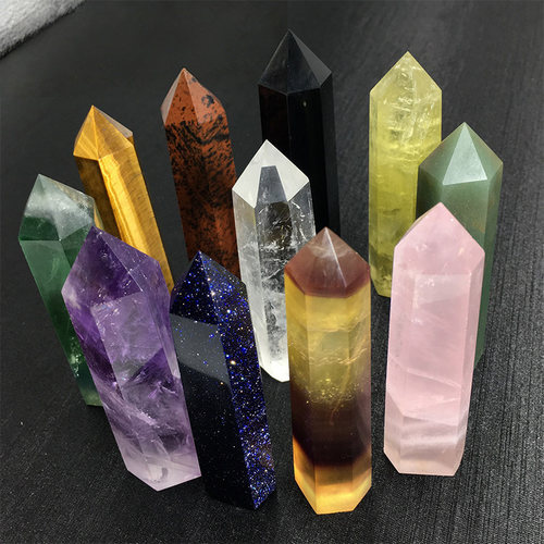 天然粉白黄水晶六棱柱净化摆件