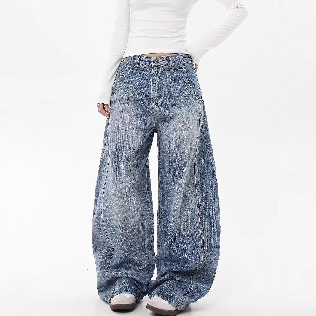 美式复古水洗竹节解构弯刀牛仔裤男女春秋季新款高腰直筒阔腿裤子