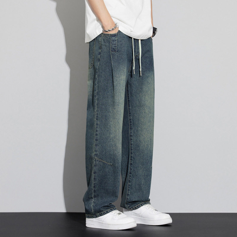 高端牛仔裤男款宽松直筒美式高街蓝色牛仔裤男生秋款潮牌复古长裤