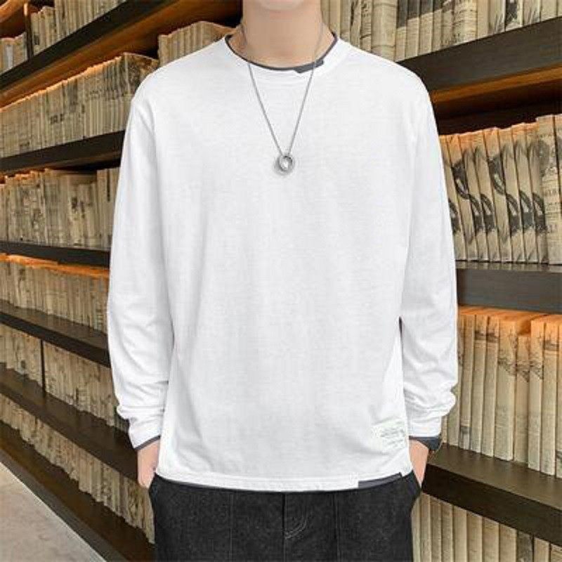 纯棉长袖t恤男士2025秋季宽松假两件圆领百搭休闲上衣单穿打底衫