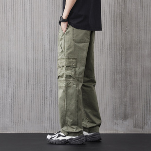 # 美式纯棉阔腿直筒工装裤 - 四色黑色深灰色卡其色绿色新款长裤