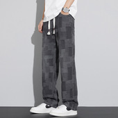 美式 子垂感 秋冬潮牌宽松直筒休闲格子条纹长裤 复古牛仔裤 男士