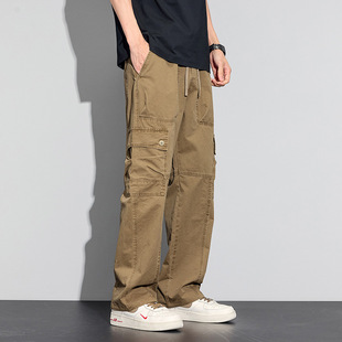 # 美式纯棉阔腿直筒工装裤 - 四色黑色深灰色卡其色绿色新款长裤