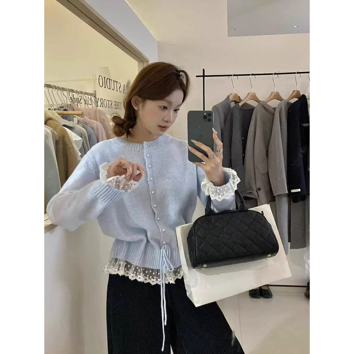 韩系甜美减龄蕾丝花边收腰系带毛衣女士冬季宽松显瘦百搭圆领上衣