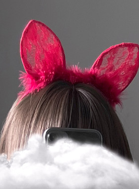 红色蕾丝性感兔耳朵发饰情qu发箍女网红主播发卡发饰网纱头箍面罩