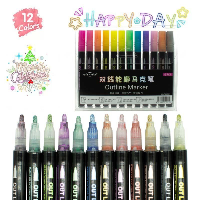 12色 24色 36色梦幻双线笔银色线条彩色轮廓笔套装厂家直供