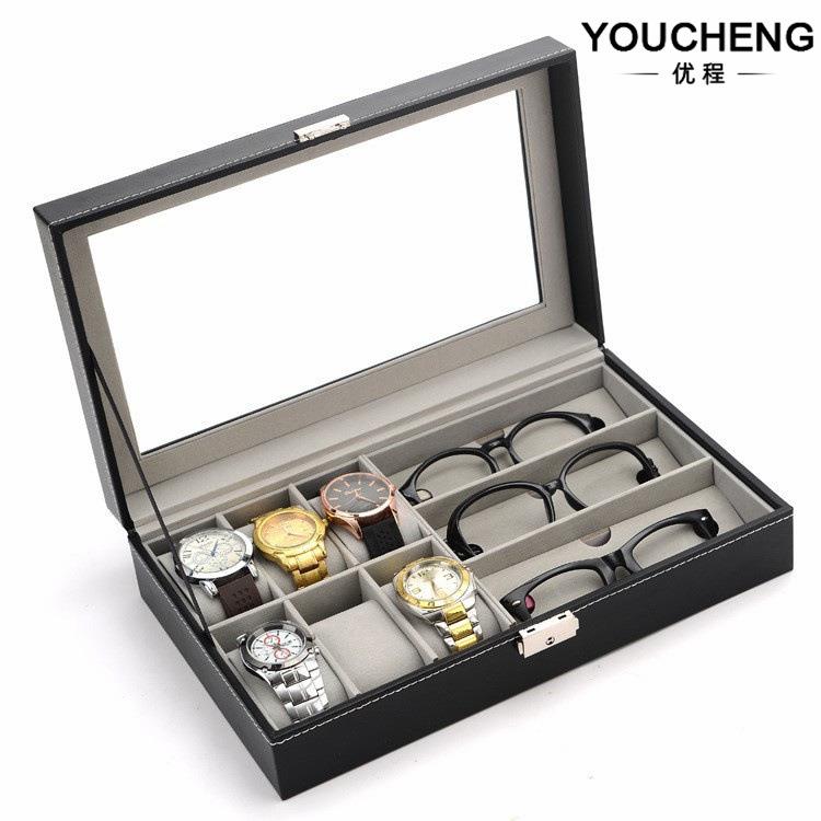 现货6位手表+3位眼镜盒黑色pu皮革眼镜收纳盒木质手表包装盒