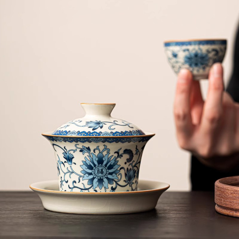 青花汝窑三才盖碗茶杯单个高档国风茶具茶碗带盖不烫手泡茶珐琅彩