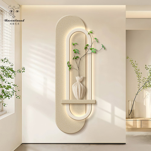 真绿植侘寂风入户玄关装饰画砂岩肌理高级感带led发光客厅挂画