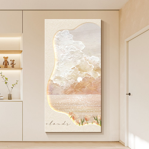 奶油原木风玄关装饰画肌理感走廊过道尽头挂画竖版入户正对门壁画