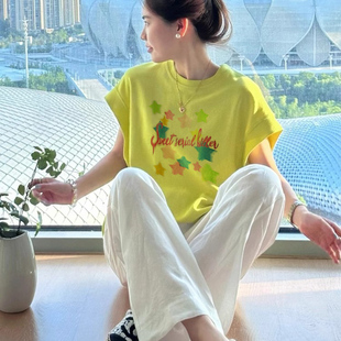 上衣 多巴胺青柠绿圆领短袖 T恤女夏季 新款 欧货宽松显瘦纯棉小飞袖