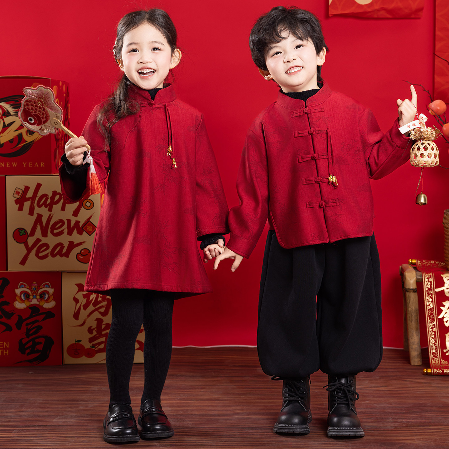 男童拜年服红色儿童新中式帅气喜庆过新年衣服战袍春秋国潮风套装